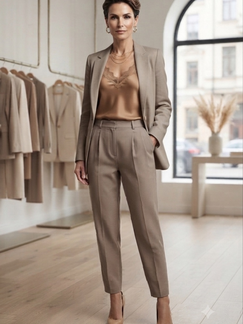 Jones New York Petite Sophisticated Taupe Suit Set - Jacket 8P & Pants 10P - Picture 2 of 15